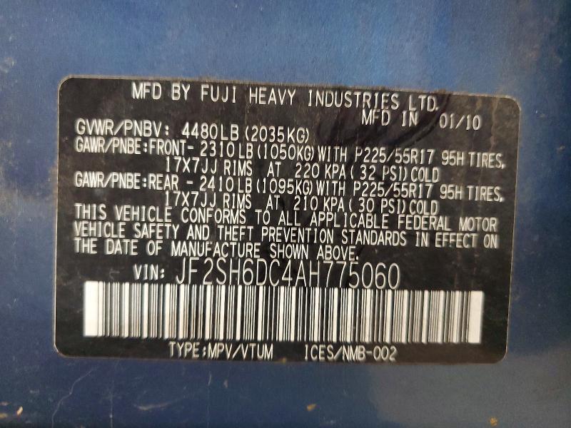 2010 Subaru Forester მანქანა იყიდება აუქციონზე, vin: JF2SH6DC4AH775060, აუქციონის ნომერი: 60993026