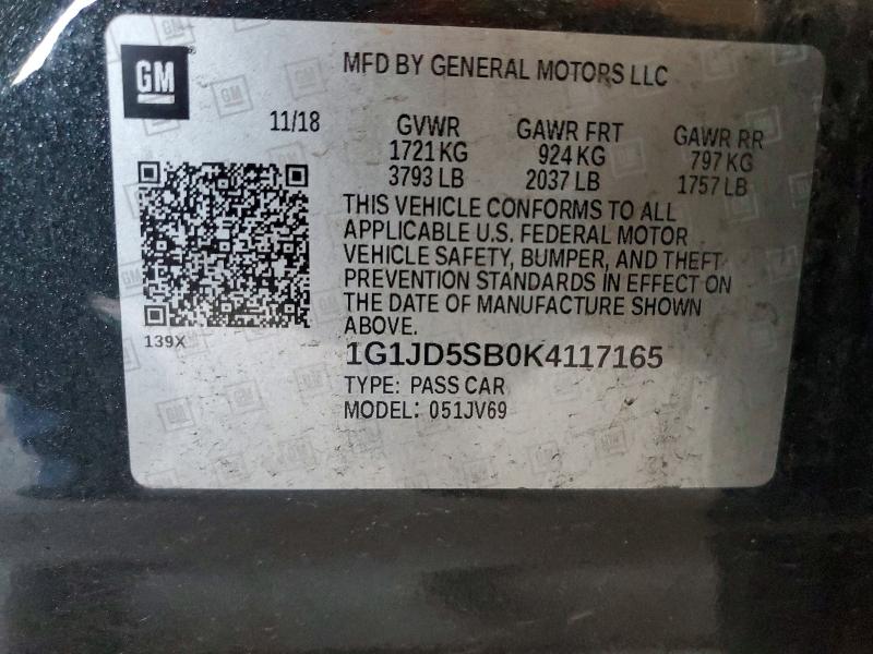 2019 Chevrolet Sonic მანქანა იყიდება აუქციონზე, vin: 1G1JD5SB0K4117165, აუქციონის ნომერი: 60749656
