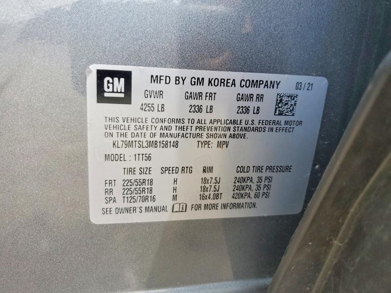 2021 Chevrolet Trailblazer მანქანა იყიდება აუქციონზე, vin: KL79MTSL3MB158148, აუქციონის ნომერი: 59338646
