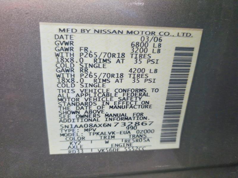 61856926 :رقم المزاد ، 5N1AA08AX6N732867 vin ، 2006 Nissan Armada مزاد بيع