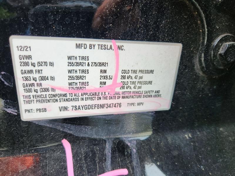 Aukcja sprzedaży 2022 Tesla Model Y, vin: 7SAYGDEF8NF347476, numer aukcji: 85615085