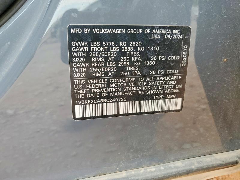 62475476 :رقم المزاد ، 1V2KE2CA8RC249733 vin ، 2024 Volkswagen Atlas Cross Sport مزاد بيع