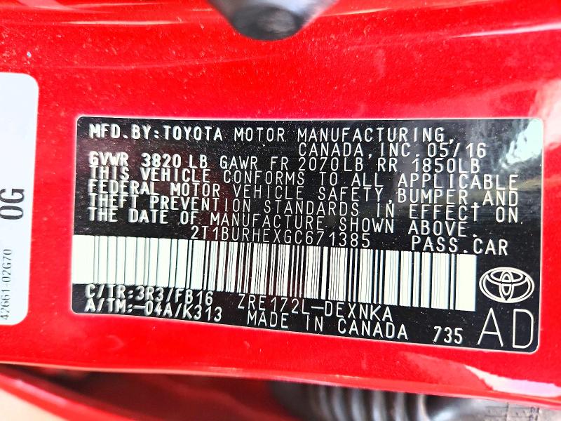 Продажа на аукционе авто 2016 Toyota Corolla, vin: 2T1BURHEXGC671385, номер лота: 61025986