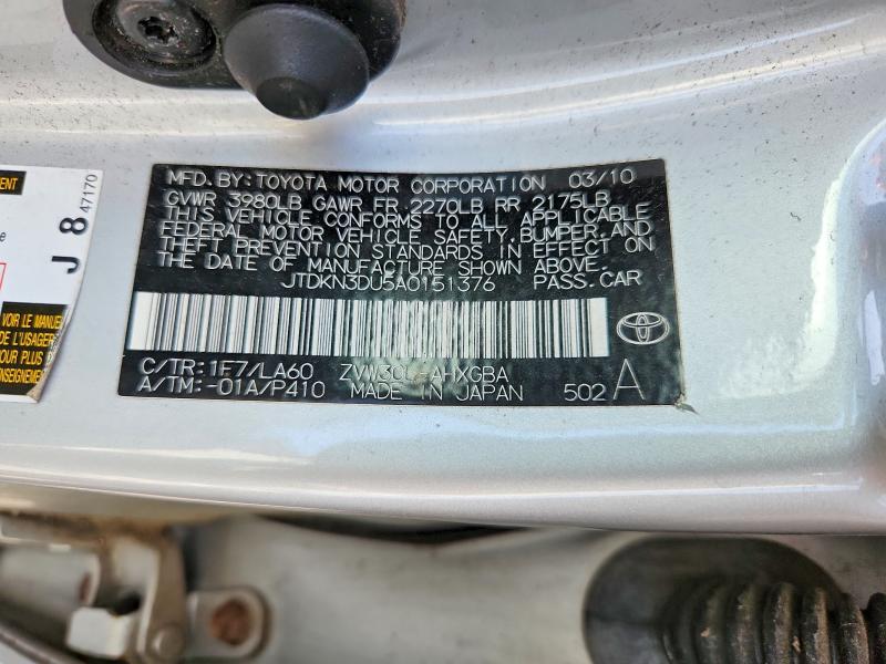 61312136 :رقم المزاد ، JTDKN3DU5A0151376 vin ، 2010 Toyota Prius مزاد بيع