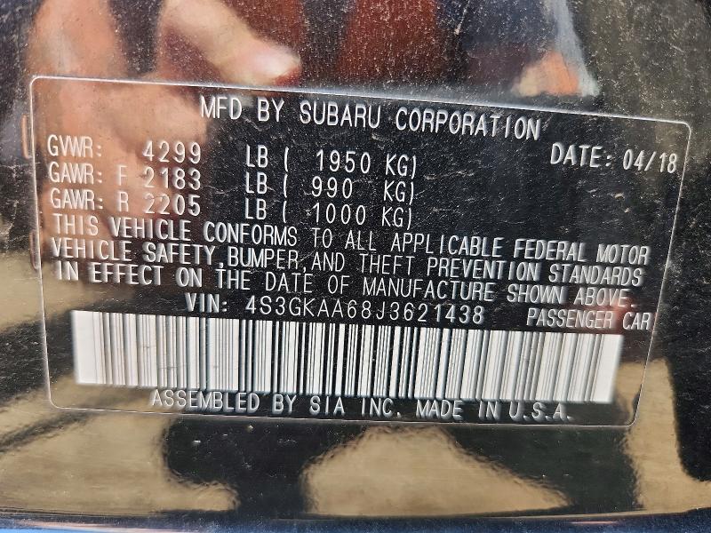 62452326 :رقم المزاد ، 4S3GKAA68J3621438 vin ، 2018 Subaru Impreza مزاد بيع
