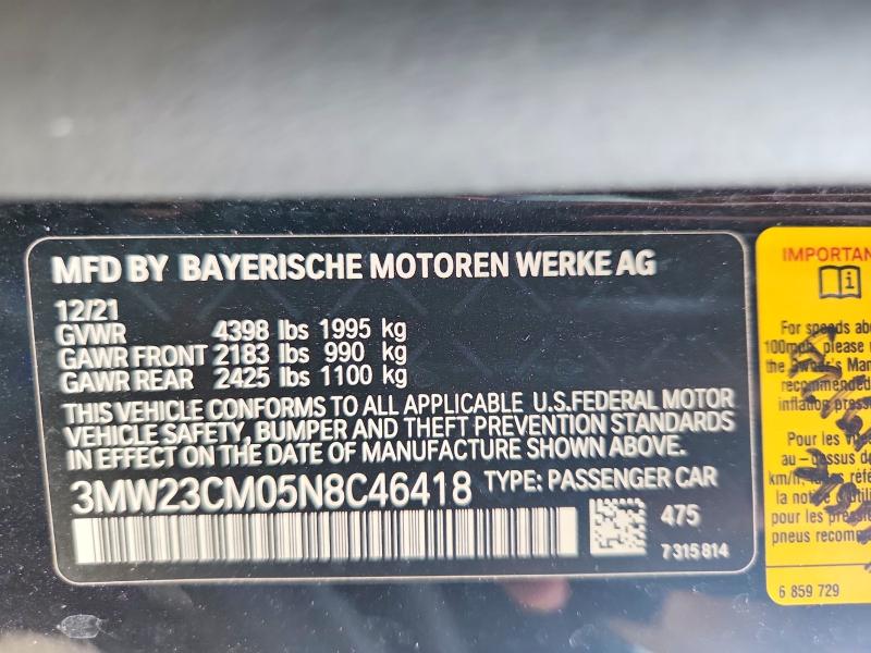 Aukcja sprzedaży 2022 Bmw 230i, vin: 3MW23CM05N8C46418, numer aukcji: 62063426