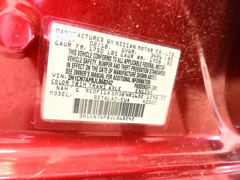 60657526 :رقم المزاد ، 3N1CN7AP8JL868242 vin ، 2018 Nissan Versa مزاد بيع