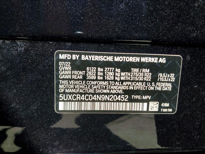 62467286 :رقم المزاد ، 5UXCR4C04N9N20452 vin ، 2022 Bmw X5 مزاد بيع