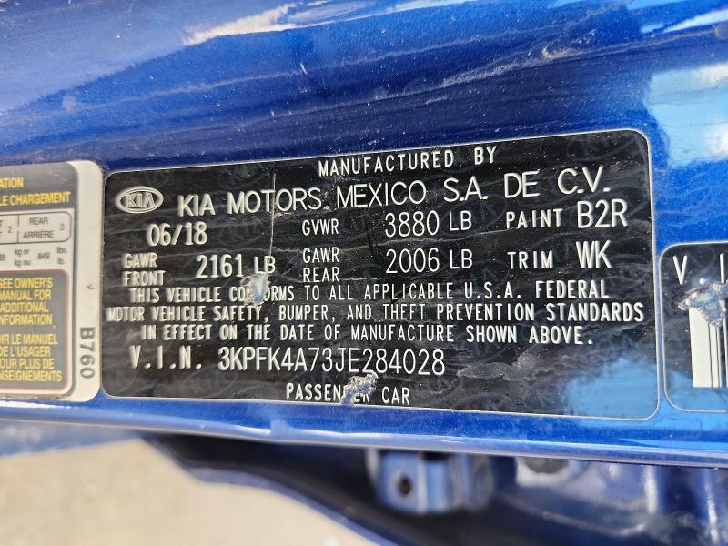 2018 Kia Forte მანქანა იყიდება აუქციონზე, vin: 3KPFK4A73JE284028, აუქციონის ნომერი: 59315156