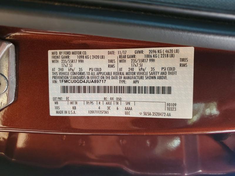 Продажа на аукционе авто 2018 Ford Escape, vin: 1FMCU0GD4JUA89717, номер лота: 62349276