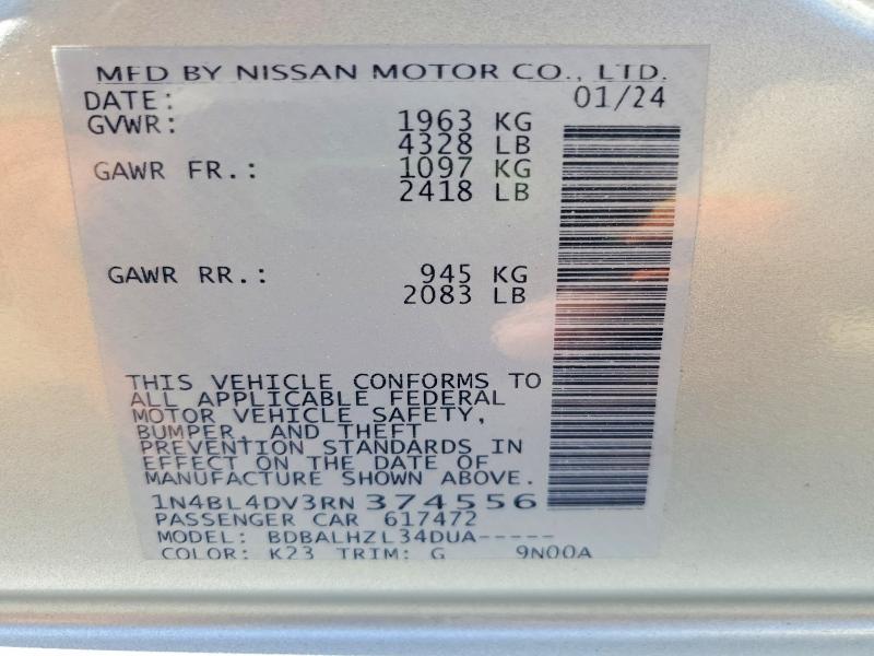Aukcja sprzedaży 2024 Nissan Altima, vin: 1N4BL4DV3RN374556, numer aukcji: 62484086