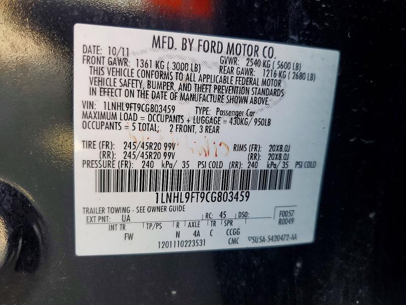 59835946 :رقم المزاد ، 1LNHL9FT9CG803459 vin ، 2012 Lincoln Mks مزاد بيع