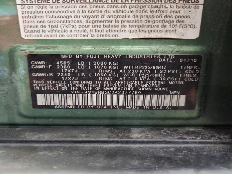 2010 Subaru Outback მანქანა იყიდება აუქციონზე, vin: 4S4BRBGC2A3377760, აუქციონის ნომერი: 63490336