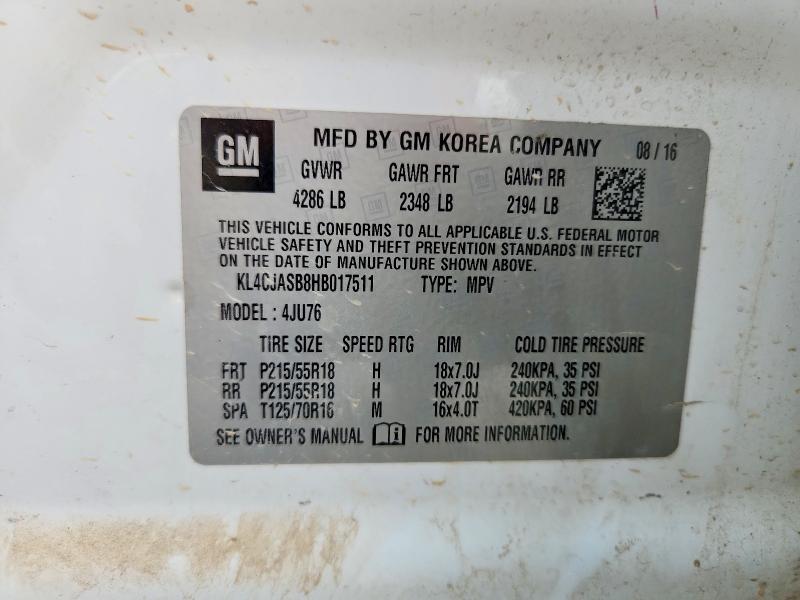 2017 Buick Encore მანქანა იყიდება აუქციონზე, vin: KL4CJASB8HB017511, აუქციონის ნომერი: 61488176