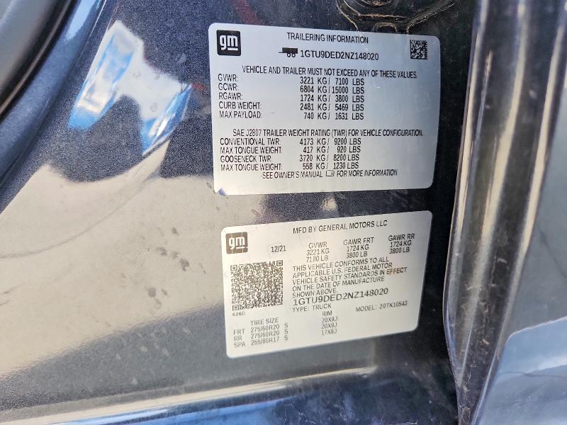 Продаж на аукціоні авто 2022 Gmc Sierra Limited, vin: 1GTU9DED2NZ148020, номер лоту: 61084846