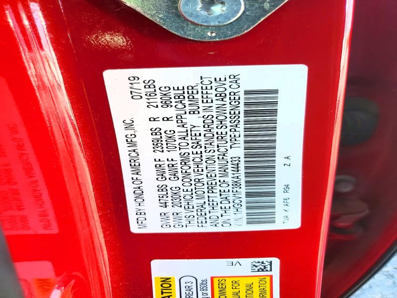 2019 Honda Accord მანქანა იყიდება აუქციონზე, vin: 1HGCV1F38KA144433, აუქციონის ნომერი: 60240226