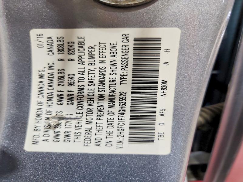 2016 Honda Civic მანქანა იყიდება აუქციონზე, vin: 2HGFC1F74GH635922, აუქციონის ნომერი: 60360326