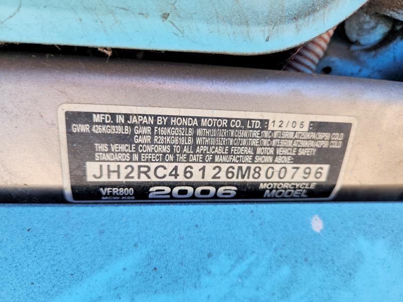 Aukcja sprzedaży 2006 Honda Vfr800, vin: JH2RC46126M800796, numer aukcji: 62523386