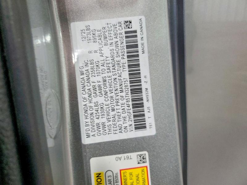 Продаж на аукціоні авто 2026 Honda Civic, vin: 2HGFE4F85TH328757, номер лоту: 61724386