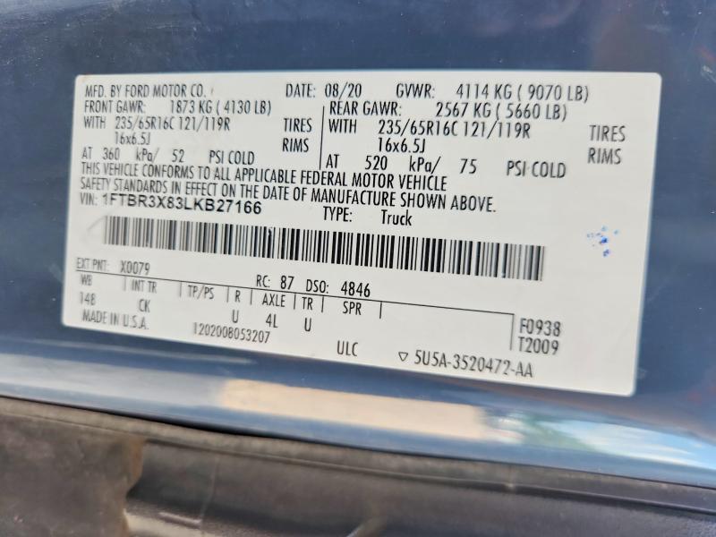 2020 Ford Transit მანქანა იყიდება აუქციონზე, vin: 1FTBR3X83LKB27166, აუქციონის ნომერი: 61896986