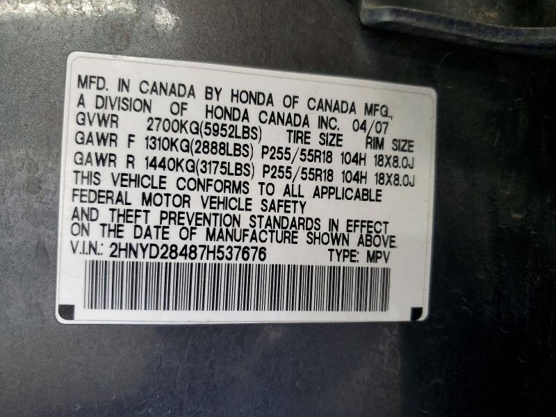 Aukcja sprzedaży 2007 Acura Mdx, vin: 2HNYD28487H537676, numer aukcji: 59973556