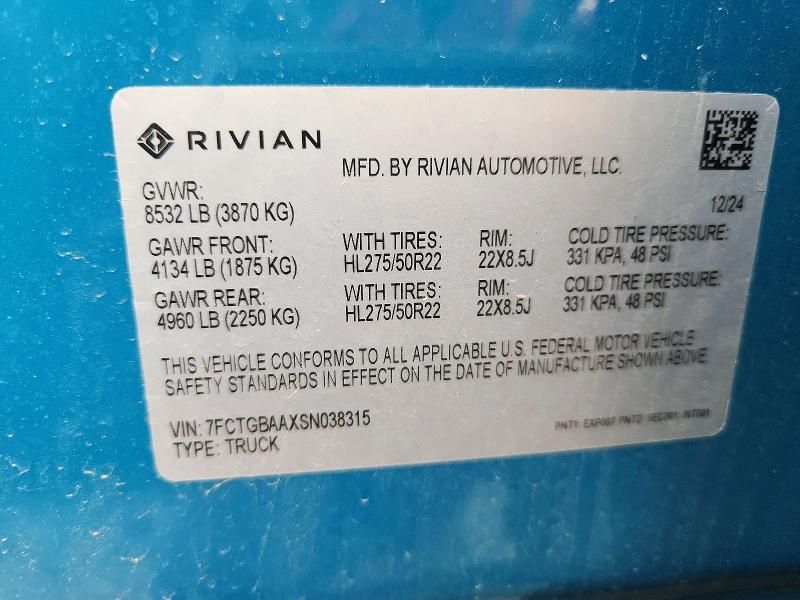 Aukcja sprzedaży 2025 Rivian R1t, vin: 7FCTGBAAXSN038315, numer aukcji: 85456315