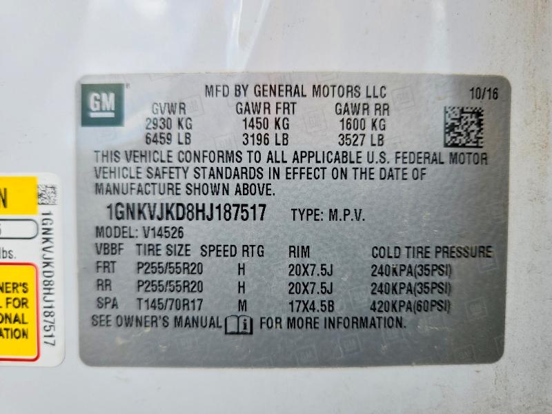 Продаж на аукціоні авто 2017 Chevrolet Traverse, vin: 1GNKVJKD8HJ187517, номер лоту: 60482166