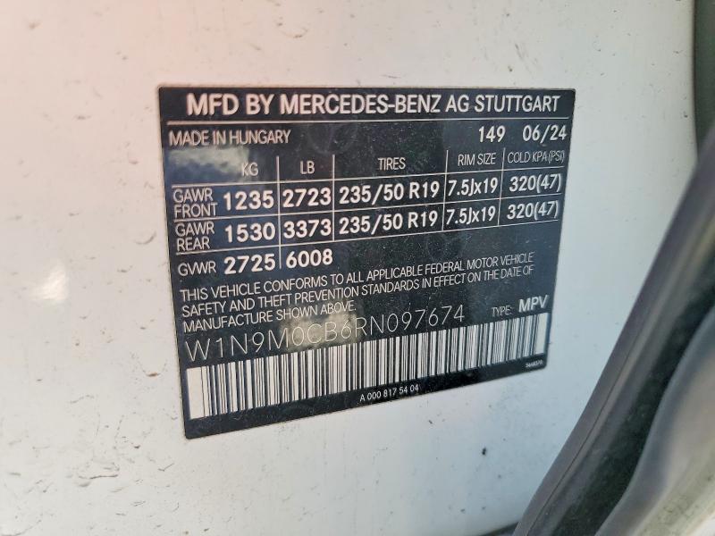 2024 Mercedes-benz Eqb მანქანა იყიდება აუქციონზე, vin: W1N9M0CB6RN097674, აუქციონის ნომერი: 62538986