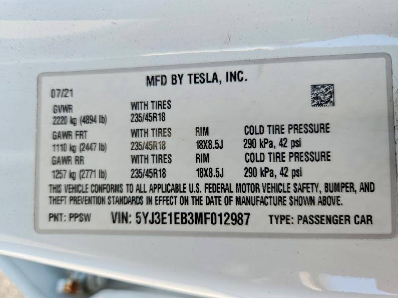 Продаж на аукціоні авто 2021 Tesla Model 3, vin: 5YJ3E1EB3MF012987, номер лоту: 59021856