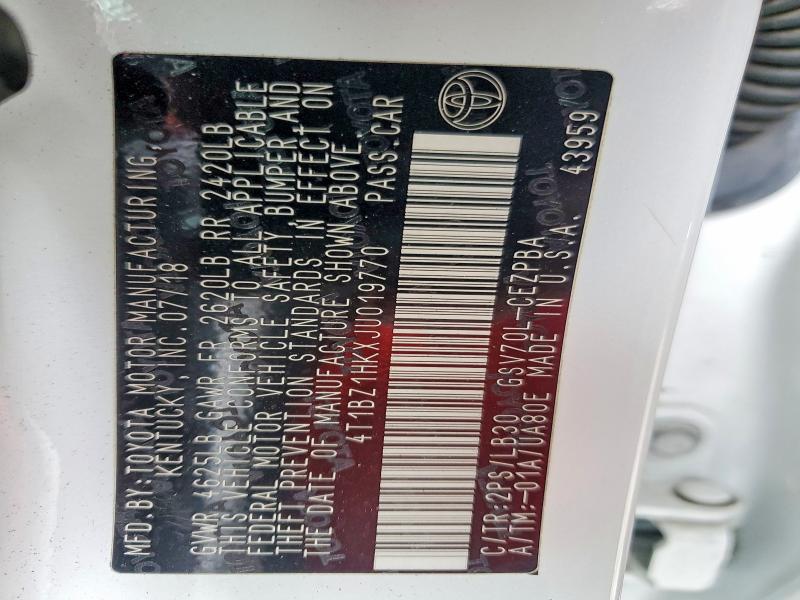 2018 Toyota Camry მანქანა იყიდება აუქციონზე, vin: 4T1BZ1HKXJU019770, აუქციონის ნომერი: 59851006