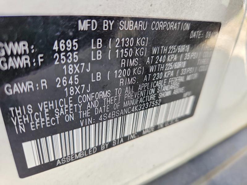 62295146 :رقم المزاد ، 4S4BSANC4K3237552 vin ، 2019 Subaru Outback مزاد بيع