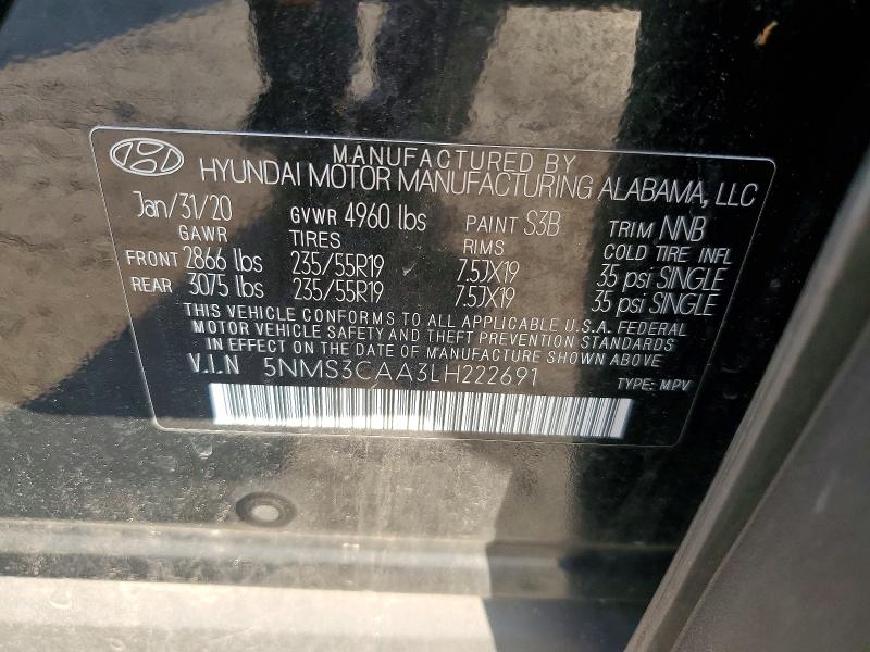 Aukcja sprzedaży 2020 Hyundai Santa Fe, vin: 5NMS3CAA3LH222691, numer aukcji: 61518066