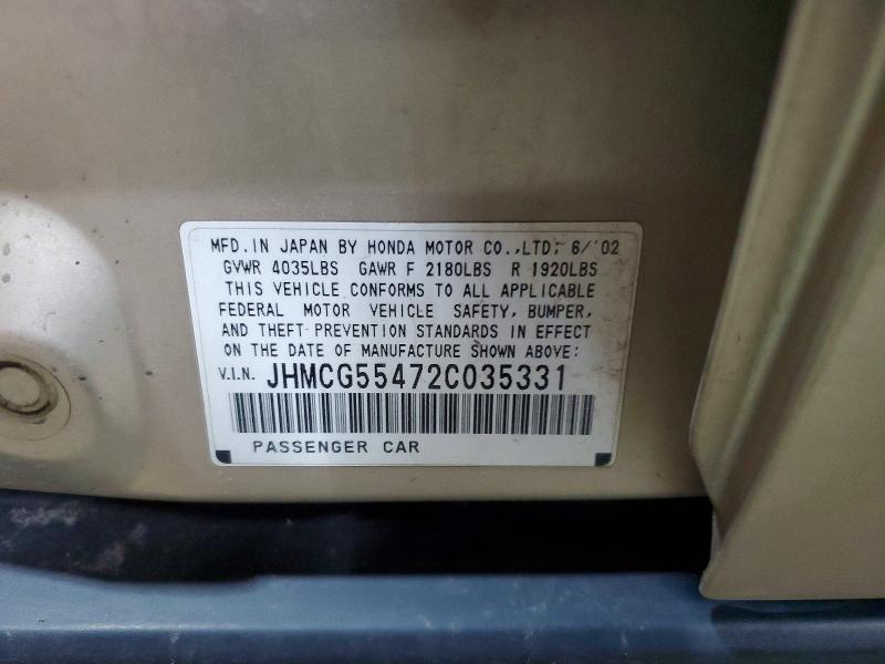 2002 Honda Accord მანქანა იყიდება აუქციონზე, vin: JHMCG55472C035331, აუქციონის ნომერი: 62356646