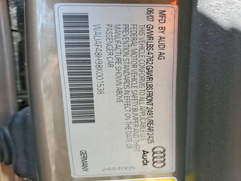 Aukcja sprzedaży 2008 Audi A4, vin: WAUAF48H98K001536, numer aukcji: 63363186
