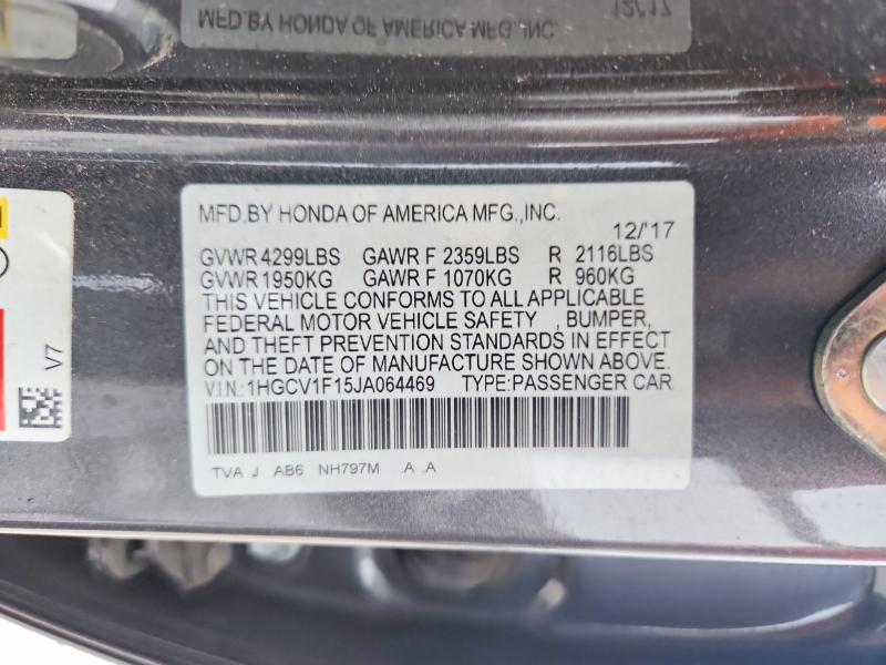 58989546 :رقم المزاد ، 1HGCV1F15JA064469 vin ، 2018 Honda Accord مزاد بيع