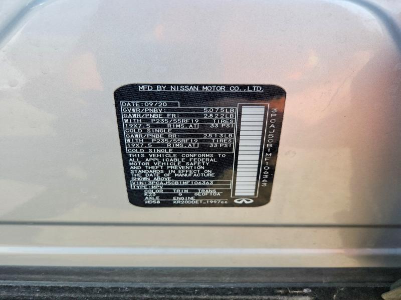 62230276 :رقم المزاد ، 3PCAJ5CB1MF106363 vin ، 2021 Infiniti Qx50 مزاد بيع