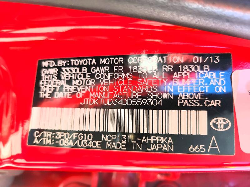 Продаж на аукціоні авто 2013 Toyota Yaris, vin: JTDKTUD34DD559304, номер лоту: 59878366