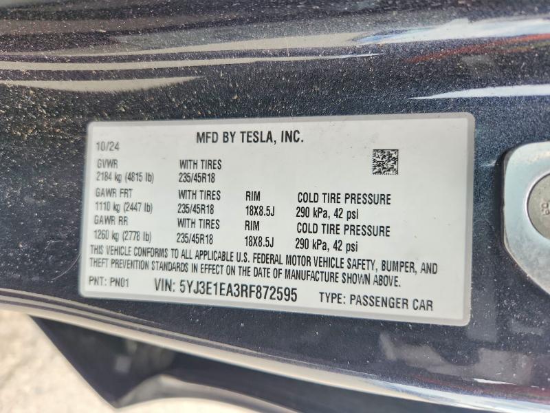 59849216 :رقم المزاد ، 5YJ3E1EA3RF872595 vin ، 2024 Tesla Model 3 مزاد بيع