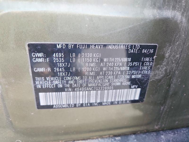 Aukcja sprzedaży 2016 Subaru Outback, vin: 4S4BSANC7G3328905, numer aukcji: 62505016