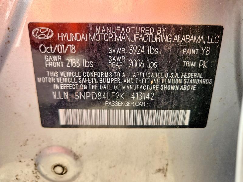 2019 Hyundai Elantra მანქანა იყიდება აუქციონზე, vin: 5NPD84LF2KH413142, აუქციონის ნომერი: 62449106