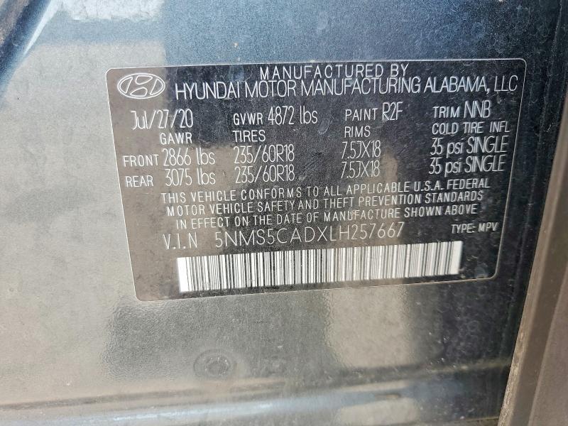 2020 Hyundai Santa Fe მანქანა იყიდება აუქციონზე, vin: 5NMS5CADXLH257667, აუქციონის ნომერი: 59834196