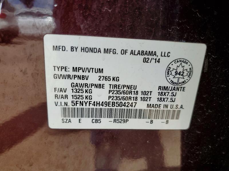 2014 Honda Pilot მანქანა იყიდება აუქციონზე, vin: 5FNYF4H49EB504247, აუქციონის ნომერი: 59385886