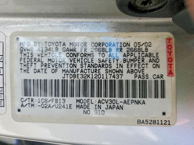 Продаж на аукціоні авто 2002 Toyota Camry, vin: JTDBE32K120117437, номер лоту: 59406306