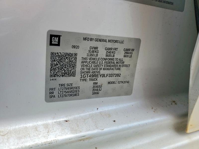 Aukcja sprzedaży 2020 Gmc Sierra, vin: 1GT49REY0LF337392, numer aukcji: 59784196