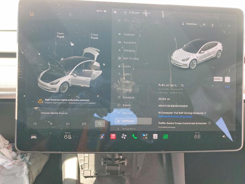 2021 Tesla Model 3 მანქანა იყიდება აუქციონზე, vin: 5YJ3E1EB3MF936815, აუქციონის ნომერი: 60490356