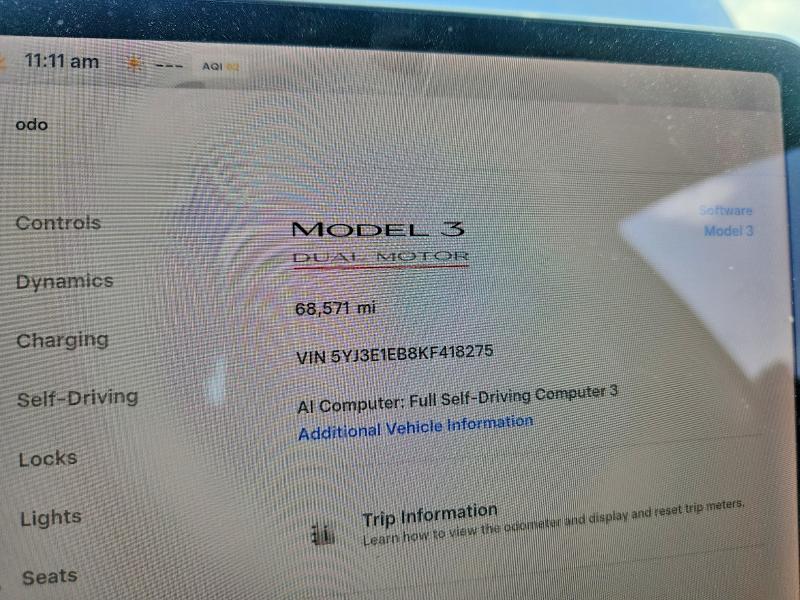 2019 Tesla Model 3 მანქანა იყიდება აუქციონზე, vin: 5YJ3E1EB8KF418275, აუქციონის ნომერი: 59106316