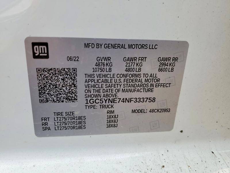 Aukcja sprzedaży 2022 Chevrolet Silverado, vin: 1GC5YNE74NF333758, numer aukcji: 60401636