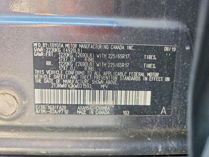 Aukcja sprzedaży 2019 Toyota Rav4 Hybrid, vin: 2T3RWRFV3KW031593, numer aukcji: 61783686