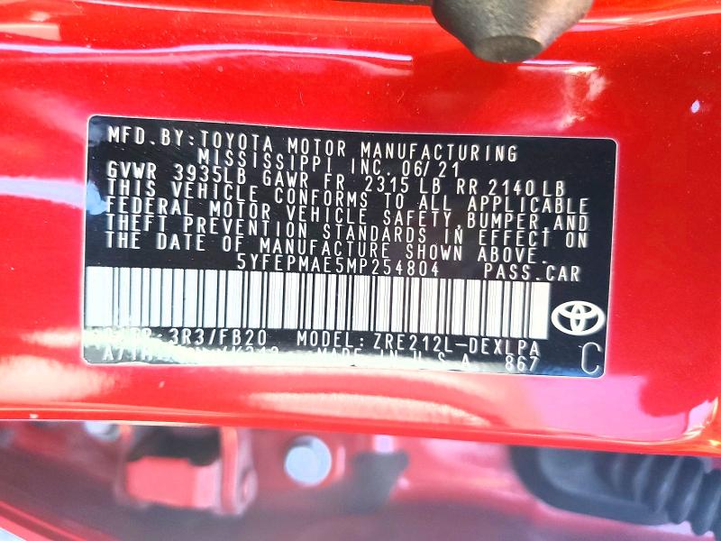 Продажа на аукционе авто 2021 Toyota Corolla, vin: 5YFEPMAE5MP254804, номер лота: 59919686