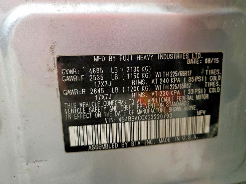 2016 Subaru Outback მანქანა იყიდება აუქციონზე, vin: 4S4BSACCXG3220703, აუქციონის ნომერი: 61066556